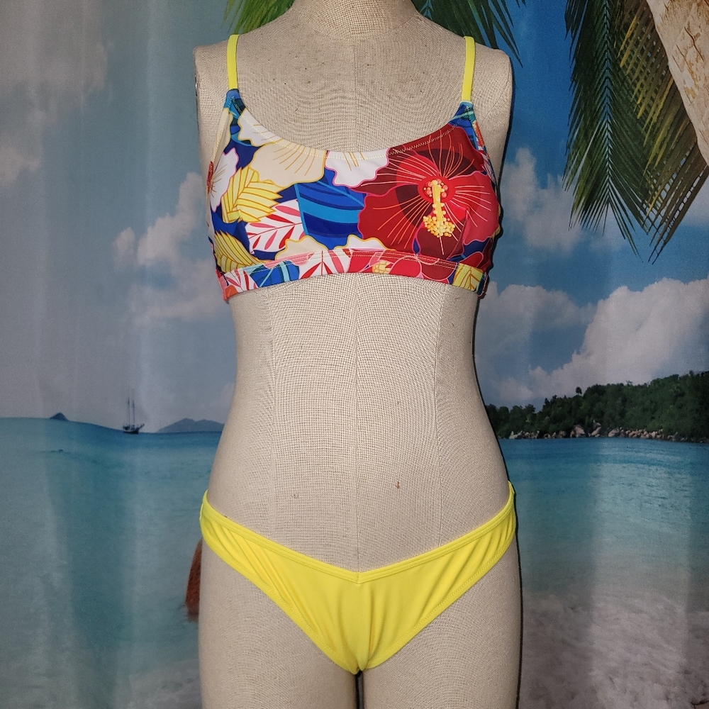 Cupshe bright colorful bikini padded adjustable x cross top hi leg cut bottom M